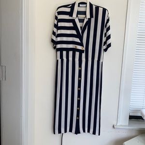 VTG 90’s Liz Claiborne Blue + White Nautical Striped Nantucket Midi Dress Size 6